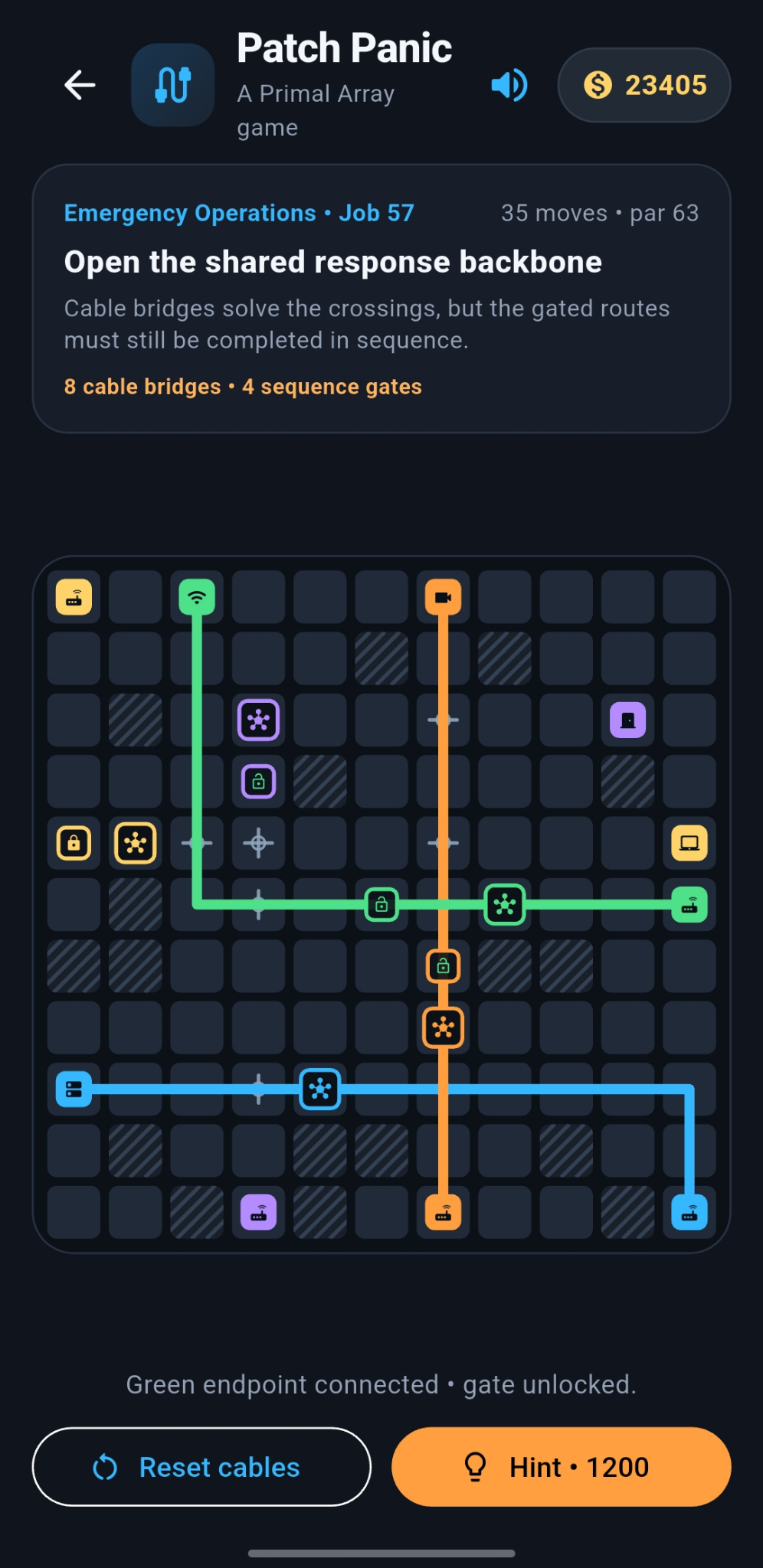 Actual Patch Panic gameplay showing Emergency Operations Job 57 with cable bridges, sequence gates, colored cable routes, blocked tiles, and in-game controls.